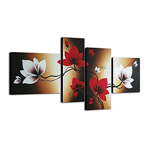 Wieco Art Full Bloom in Spring Red Flowers 100% Hand-painted 4 panels Flower Oil Paintings on Canvas Wall Art for Wall Decor Oil Painting on Canvas