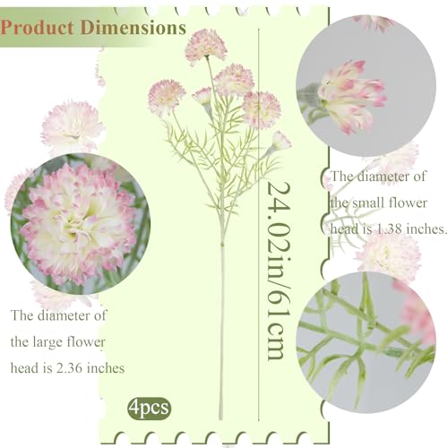 CISDUEO 4 Pcs Artificial Wildflowers Bulk Spring Decor Pink Fake Silk Flowers Mums with Long Stems Faux Ball Chrysanthemum Flowers Arrangements for Wedding Bouquet Table Centerpiece Planter Outdoor - color: Pink-1
