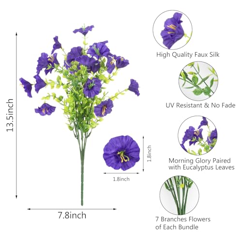 BSGlobal 12 Bundles Artificial Flowers for Outdoors Decoration, Faux Silk Morning Glory Flowers UV Resistant Fake Eucalyptus Plants for Spring Summer Garden Patio Home Decor (Purple) - color: Purple