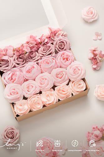 Ling's moment Artificial Flowers Fake Silk Hydrangea Foam Roses Faux Gardenia Combo for DIY Wedding Bouquets Centerpieces Arrangements Bridal Shower Party Home Decorations, Pink & Blush, 24pcs - color: Pk-pink & Blush
