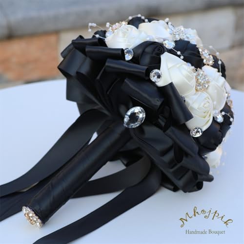 8.7" Black & Ivory Bridal Wedding Bouquet Round Holding Bouquet Throw Toss Artificial Rose Flower Bunch for Bride Bridesmaid Wedding Quinceanera - color: Black & Ivory, size: Medium (Dia. 8.7"/22cm)