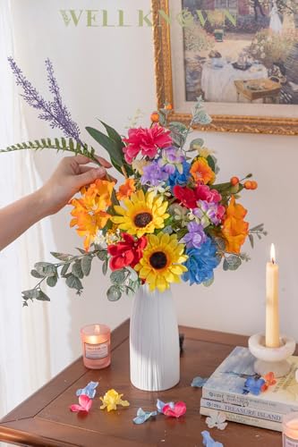 WELL KNOWN Artificial Flowers Bouquet, Colorful Spring Fake Flowers for Vase, Silk Faux Flowers DIY Table Centerpieces for Wedding Dining Room Kitchen Office Birthday Decor & Gift (Rainbow Sunflower) - color: Rainbow Colorful Sunflowers