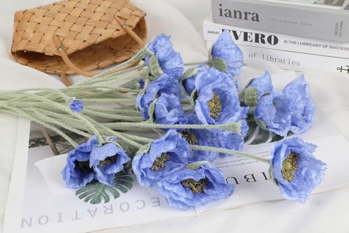 6PCS Blue Poppy Flowers Artificial 26.77in 30 Heads Faux Poppy Flowers Silk Flowers with Long Flocking Stems for Wedding Party Home Office Decoration(Blue) - color: Blue