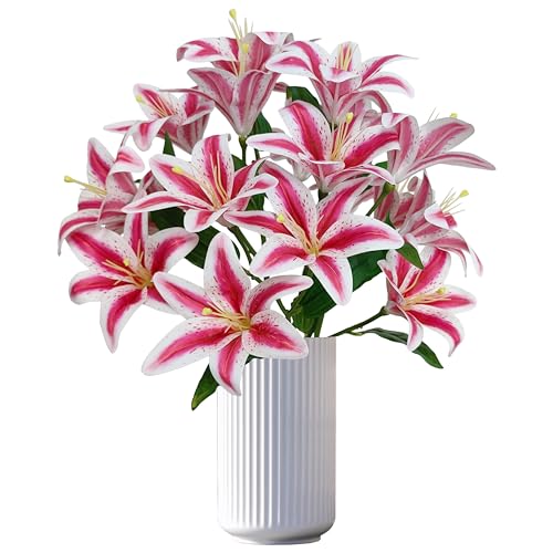 Pink Lilies Artificial Flowers,6 Pcs Faux Lily Flowers,23 Inch Long Stem Tiger Lily Branch with 3 Full Blooms and 4 Leaves, Latex Real Touch Lilium Flower for Wedding Bouquet (6, Pink) - color: Pink