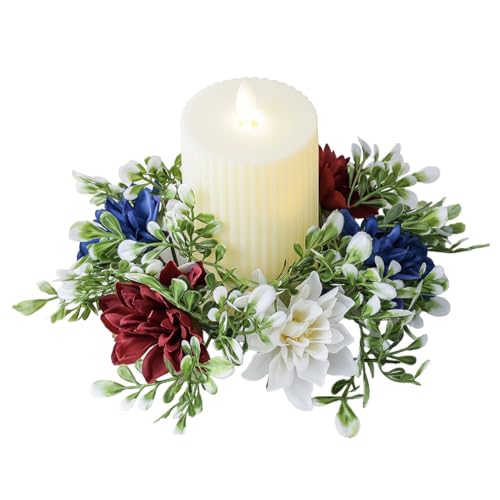 4th of July Candle Rings Artificial Flower Wreath Red Blue White Patriotic Candle Holder 9.84" Tables Centerpieces Home Farmhouse Decor for Independence Day Memorial Day - color: 4th of July