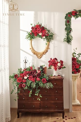 TINGE TIME Artificial Sweetheart Flower Swag with Tablecloth and Table Runner, Pack of 3 Floral Arrangement for Wedding Sweetheart Table Centerpiece Decoration (Burgundy Red) - color: Burgundy