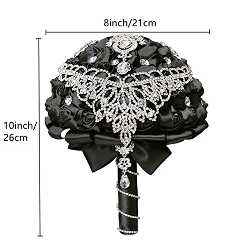 XINNI Brooch Bridal Wedding Bouquet Bride Bridesmaids Satin Rose Flower Bouquet with Bling Drop-Shaped Rhinestone for Wedding Black - color: Black
