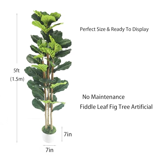 Artificial Fiddle Leaf Fig Tree 5ft - Fig Tree Artificial,Faux Fiddle Leaf Fig Tree with Realistic Resin Trunk & Stable Planter, Artificial Fig Tree Plant for Home Office Decor, Artificial Ficus Tree