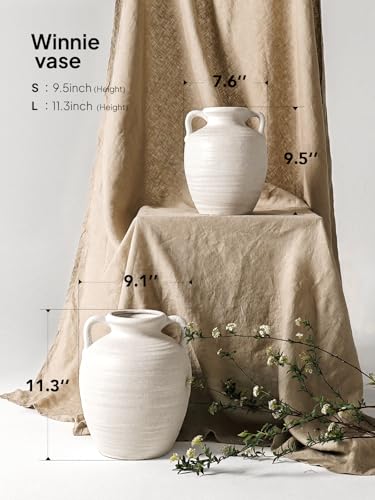 Large White Ceramic Vase - 9.5 Inch Rustic Farmhouse Flower Vase with Handles for Home Decor, Vintage Tall Vase for Living Room, Table, Bathroom, Holiday & Weddings (Sandstone White) - color: 9.5 Inch-sandstone White