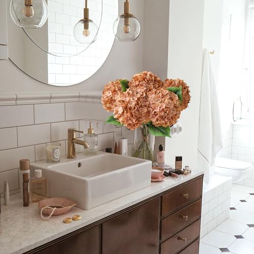 JINWOE 5Pcs Silk Hydrangea Artificial Flowers, 20Inch Large Lifelike Boho Flowers,Artificial Hydrangeas for Indoor Bouquet Table Centerpieces Floral Arrangements Home Wedding Home（(Brown Yellow)） - color: Brown