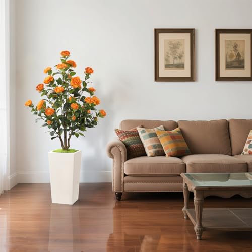 Romantic Season 4FT Artificial Camellia Tree with White Tall Planter, Orange Faux Camellia Plant Flower Tree for Modern Home Office Living Room Floor Décor Outdoor Indoor，Orange - color: Orange