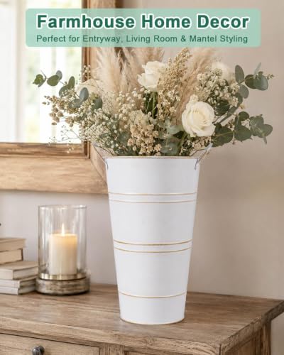 12 Inch Galvanized Metal Vases for Flowers - 6 Pcs Farmhouse Decorative Tall Flower Bucket with Handles, Rustic French Tin Planter Buckets for Wedding Decor (White) - color: White