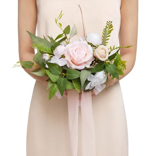 Ling's moment Pink Artificial Wedding Flower Bouquets for Bridesmaids White Floral Bouquet Blush Bridal Bouquets for Bridesmaids with Ribbon Ceremony Anniversary,7-inch Diameter - color: Pk-posy-blush & Cream