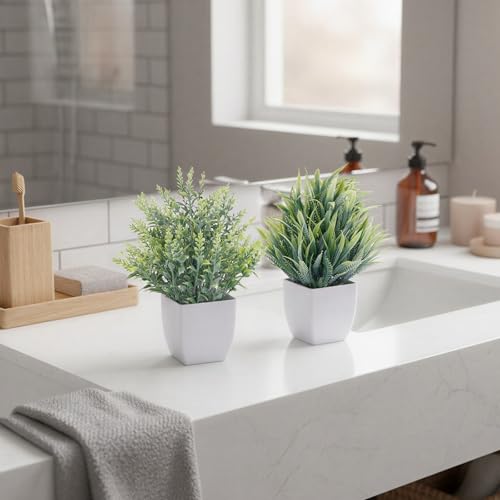 CEWOR Fake Plants 4 Packs Small Artificial Plants Mini White Potted Greenery Bathroom Accessories Decorations for Desk Bathroom Office Home Room Kitchen Table Decor Indoor - color: Grey