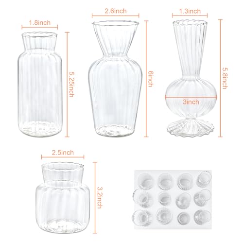 12 Pcs Ribbed Glass Bud Vases Set, 4 Styles Clear Small Flower Vases in Bulk, Roman Column Vertical Ribbed Design for Wedding, Home Decor, Table Centerpieces, Party