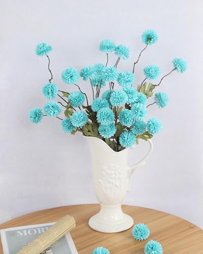 DuHouse 6pcs Artificial Flowers Faux Silk Pompon Mum, Silk Small Mini Chrysanthemum Ball with Stems for DIY Bouquets Centerpieces Vase Home Table Kitchen Decorations (Teal Blue) - color: Teal Blue, size: 6pcs