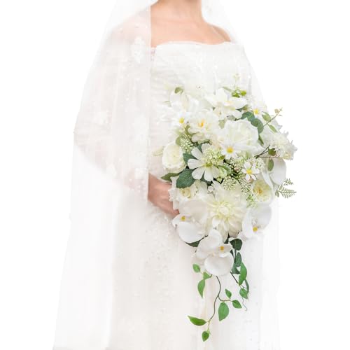 TINGE TIME 11 Inch Wedding Bouquets for Bride, IvoryWhite Artificial Flowers Bouquet, Brides & Bridesmaids Bouquet for Wedding Anniversary Ceremony Bridal Shower Decorations - color: Ivorywhite