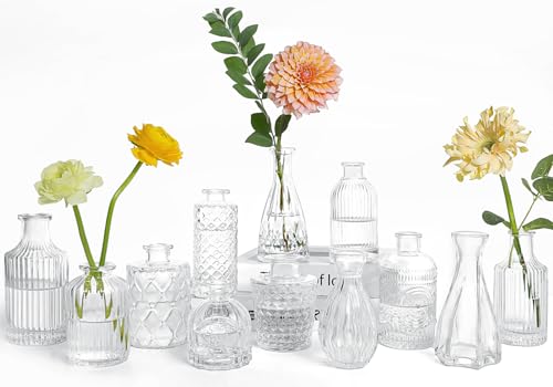 UPBUD Clear Glass Bud Vases Set of 12, Mini Flower Vase for Centerpieces, Small Vases in Bulk for Wedding Decorations, Vintage Vase for Baby Shower, Party, Recepetion, Home Table Décor - color: Standard-clear, size: 12pcs