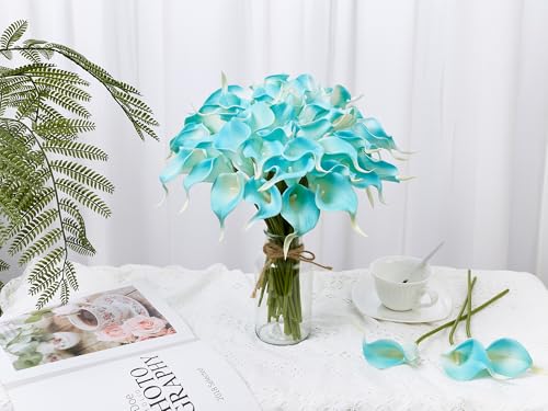 24 Pcs Artificial Calla Lily Flowers Fake Silk Flowers Real Touch for Wedding Bouquet Office Home Kitchen Decor (Peacock Blue) - color: Peacock-blue
