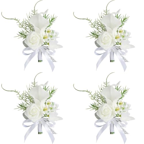 4PCS Calla Lily Boutonniere Handmade Romantic White Corsage Suitable for Wedding Ceremony, Anniversary, Dinner Dance (4), 10 x 14 cm