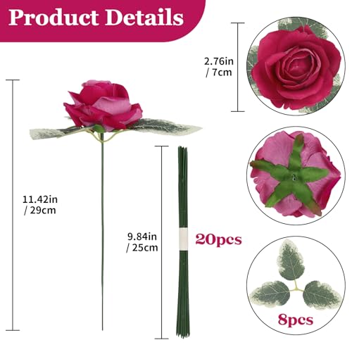 IPOPU Rose Artificial Flowers 20pcs Realistic Velvet Faux Rose with Stems Deep Pink Fake Rose Flowers in Vase for DIY Wedding Bouquets Bridal Shower Party Centerpieces Table Home Decor (Deep Pink) - color: Deep Pink