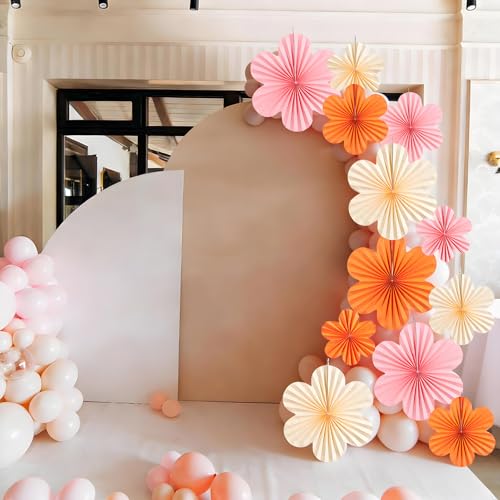 Paper Flowers Decorations for Wall Pink and Orange Paper Fans Classroom Decoration Paper Floral Backdrop Decor Paper Fans Decoration Hanging Paper Fans Pink Flower Wall Decor, Set of 9 - color: Flower-4