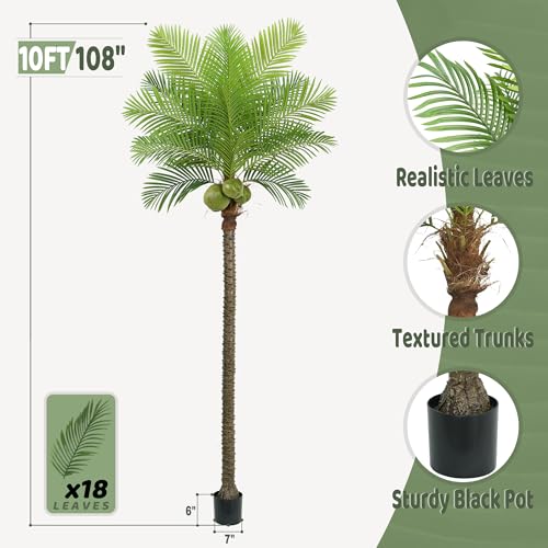 Roselywed Artificial Phoenix Palm Tree 10FT with 18 Leaves & 3 Coconut Fruit & Real Bark Tropical Areca Sago Palm Tall Large Faux Plant 118 Inch Black Pot for Indoor Outdoor Home Poolside Mall Decor - size: 10ft