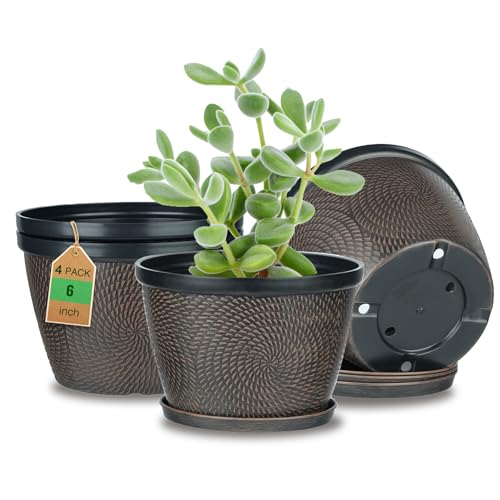 Quarut 4 Pack 6 Inch Flower Pots for Outdoor Indoor, Plastic Plant Pots with Drainage Hole & Saucer, Lightweight Small Flower Pot, Circle Pattern Planters for Garden House planters（Brown） - color: Circular Pattern-brown, size: 6 inch-4 Pack