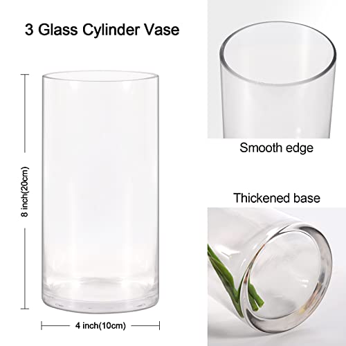 Set of 3 Glass Cylinder Vases,8 Inch Tall Clear Flower Vase,Decorative Floral Vase for Home Decor,Candle Holder,Wedding Centerpieces(4" W X 8" H) - size: 8 inches (H) x 4 inches (D)