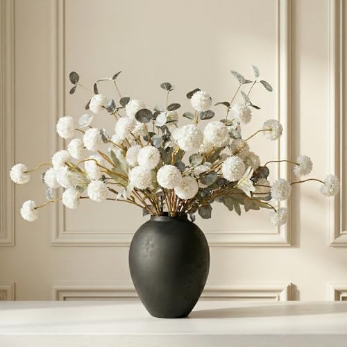 RyddeligHome White Faux Kiku Flowers for Vase(NOT Included) - 10 Long Stem Artificial Flowers with Eucalyptus, Realistic Floral Stems for Tall Vases, Farmhouse Home Decor (Premium Quality) - color: White