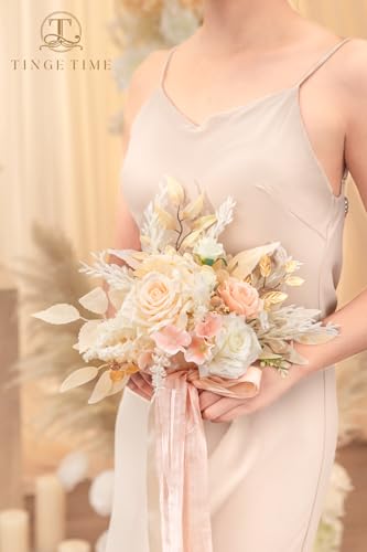 TINGE TIME Bridesmaid Bouquets for Wedding Set of 4 Champagne & RougePink 7 Inch Wedding Bouquets Artificial Silk Flowers Bridal Bouquets for Bridesmaids, Wedding Decor, Anniversary - color: Champagne&pink