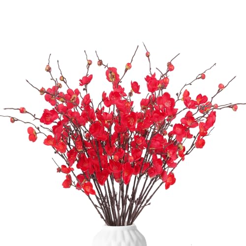 20pcs Cherry Blossom Branches Artificial Flowers for Winter Spring Indoor Decoration, 22" Plum Fake Peach Plants for Wedding Home Office Bedroom Party Decor (red, 22in) - color: Red, size: 22in