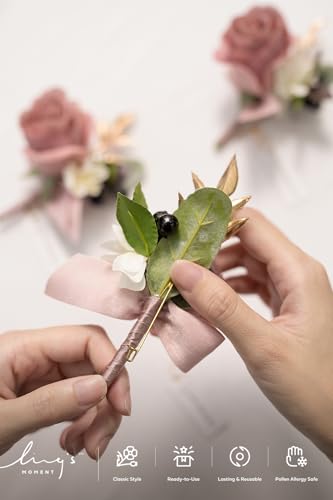 Ling's moment Boutonniere for Men, 6pcs Groom Groomsmen Boutonniere with Built-in Pins, Artificial Flowers for Wedding Decor/Prom/Homecoming, etc.Dusty Rose Mauve - color: Pk-dusty Rose & Mauve