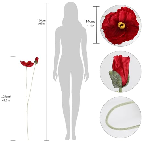 6PCS 41.3in Fake Poppy Flowers Red Artificial Poppies Large Poppy Flowers Long Stem Silk Flowers for Tall Vase Wedding Party Office Decor(Red) - color: Red