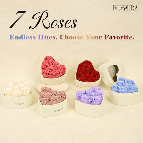 Rosaura Heart-Shaped Preserved Roses Gift Box - Real Forever Flowers for Christmas, Birthday, Valentine's & Mother's Day (Light Purple, 7 roses) - color: Light Purple, size: 7 roses