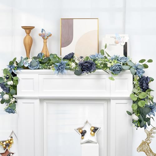 Eucalyptus Garland with Flowers - 2 Pack 5.9 FT Fake Flower Garland with Butterflies Faux Rose Greenery Garlands for Wedding Table Backdrop Arch Centerpieces Decorations - Navy Blue - color: Navy Blue, size: 2 Pack