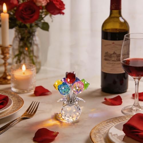 TWINKLING Crystal Roses Figurine with Round Vase, Glass Rose Crystal Flowers Bouquet, Birthday, Anniversary,Wedding, Home Décor,Gold Leaf (Multicolor) - color: Multicolor(gold Leaf)