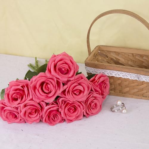 15pcs Fake Roses Artificial Silk Flowers Faux Rose Flower Long Stems Bouquet for Arrangement Wedding Centerpiece Party Home Kitchen Decor - color: 15pcs Coral