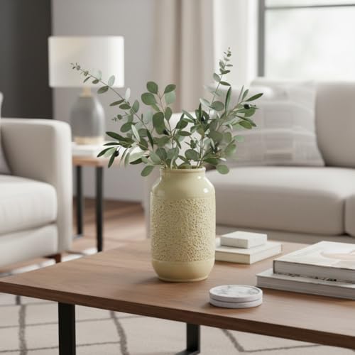 Beige Ceramic Vase for Flowers - 9 Inch Textured Cream Vase for Pampas Grass, Modern Farmhouse Vases for Home Decor, Table Centerpiece, Shelf, and Mantle Decor - color: Beige