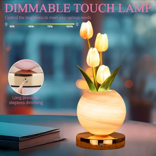 Tulip Table Lamp, Rechargeable Cordless Touch Dimming Artificial Tulip Flower Desk Lamp, LED Flower Bedside Night Light Romantic Gifts for Girl Women Mom (Pink) - color: Pink