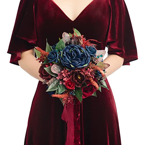 Ling's moment Burgundy Artificial Wedding Flower Bouquets for Bridesmaids Navy Blue Floral Bouquet Bridesmaids Bouquets with Ribbon Ceremony Anniversary,7-inch Diameter - color: Blu-navy Blue & Burgundy Red