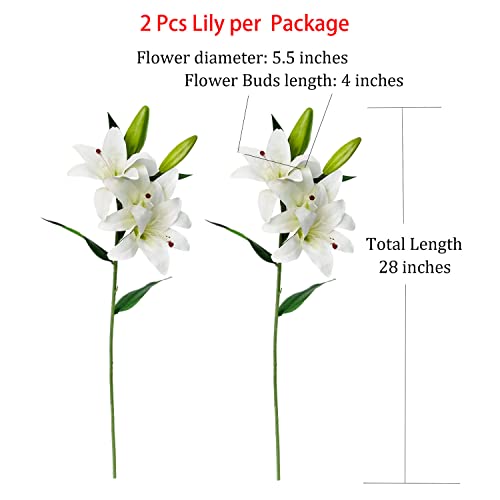 YalzoneMet 2 Pcs White Stargazer Lily Artificial Flowers for Decoration, 28 inch Long Stems Real Touch latex Fake Flowers, Faux Silk Easter Lily for Spring Indoor Home Office Wedding Table Centerpiece - color: White
