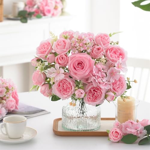 4 Pcs Mixed Artificial Peony Flowers Set-2 Bouquets & 2 Stems, Pink Fake Peony Rose Hydrangea Flowers for Vase Silk Floral Arrangements for Table Centerpiece Wedding Party Bridal Decoration Home Decor - color: Light Pink, size: Mixed 4pcs