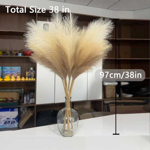 38" 10 Stems Faux Pampas Grass Decor - Tall Pampas Grass for Floor Vase, Boho Home Wedding Mothers Day Decoration (Beige Mixed) - color: Beige & Coffee & Brown