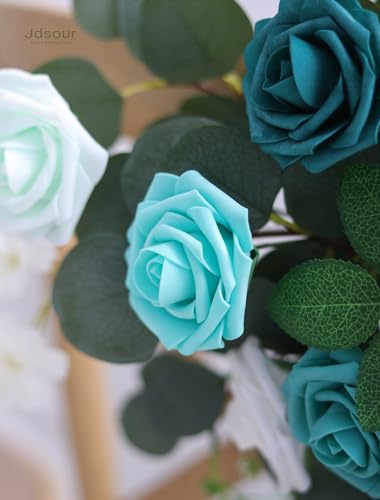 25pcs Artificial Flower，Real Looking Foam Roses w/Stem for DIY Wedding Bouquets Centerpieces Bridal Shower Party Decor-Shades of Teal Green - color: Shades of Teal Green