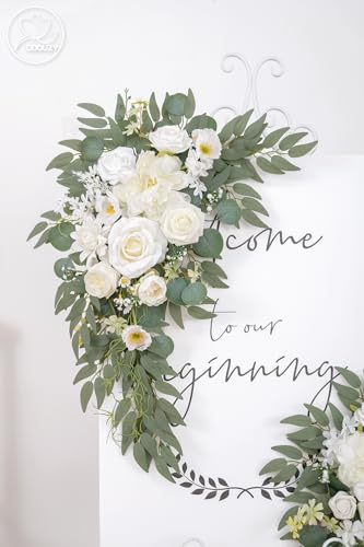 Odouzy Pack of 2 Wedding Arch Decorations Artificial Hanging Flowers Floral Swag for Wedding Welcome Sign Backdrop Balloon Arch Home Party Bridal Ceremony Reusable(New White) - color: New White