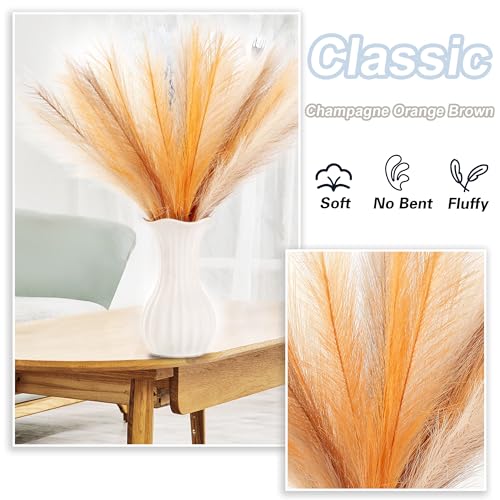 Pampas Grass Small, Brown&Off White&Orange 30 Pcs 17" Faux Pampas Grass Short Decor, Pompas Grass Flower Arrangement and Vase Filler for Boho Home Wedding Decoration - color: Brown&off White&orange, size: 17'' Tall