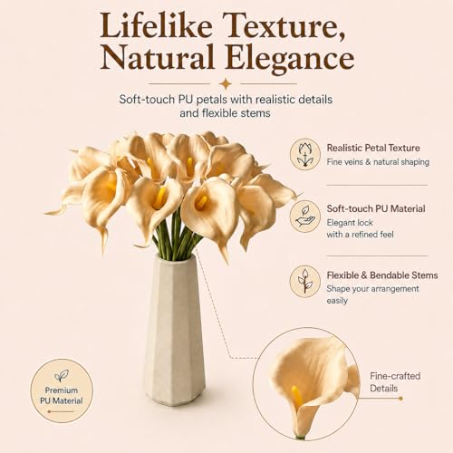 Mandy's 20pcs Champagne Calla Lily Artificial Flowers | 13.5 Inch PU Realistic Bouquet for Vase Elegant Home Decor Centerpiece Wedding Bridal Bouquet Table Decoration - color: Champagne