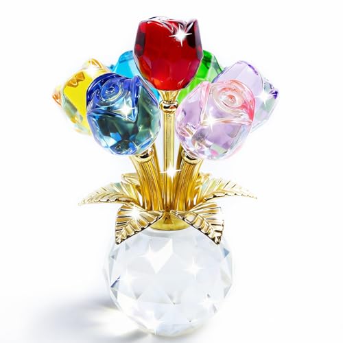 TWINKLING Crystal Roses Figurine with Round Vase, Glass Rose Crystal Flowers Bouquet, Birthday, Anniversary,Wedding, Home Décor,Gold Leaf (Multicolor) - color: Multicolor(gold Leaf)