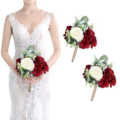 Artificial Flowers Bridesmaid Bouquets - Set of 2 Bridesmaid Bouquet Burgundy White Handmade Silk Floral Bouquet for Wedding Ceremony Anniversary, Bridal Shower, Home Table Decorations - color: Burgundy & White, size: 2pcs Bouquets